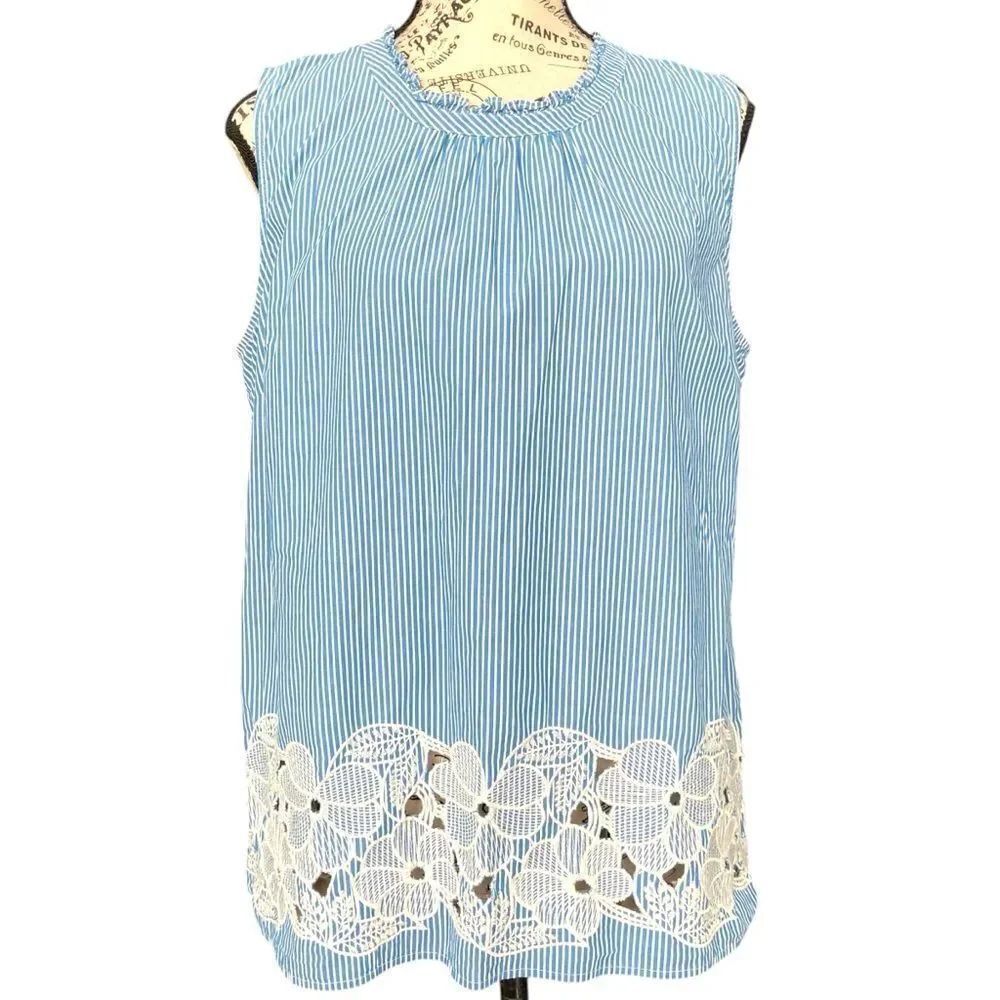 Talbots Cotton Stripped Crew Neck Embroidered Hem Tank Top Blouse in Size Large